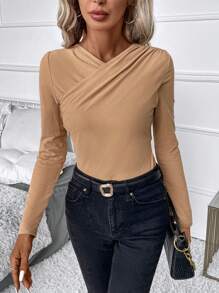 SHEIN Clasi Chất rắn Đan chéo Áo thun - màu nâu - Xem 4