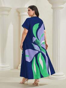 Al Najma Plus Floral Print Notched Neckline Dress - Multicolor - View 2