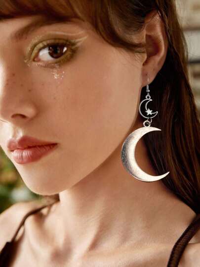 Fairycore 1pair Fashion Zinc Alloy Moon & Star Drop Earrings For Women For Dating Gift