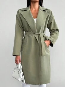 RueChic Lapel Neck Drop Shoulder Belted Trench Coat - Olive Green - View 2