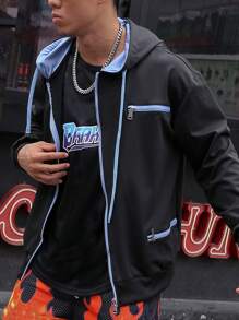 Manfinity Roghcode Chaqueta Para Hombre Con Capucha Y Cordón, De Ajuste Holgado Con Cierre De Cremallera