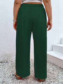 Calvaya 大碼素色斜口袋闊腿褲 - 墨綠色 - 查看 2