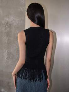 DAZY Top de punto bajo con fleco - Negro - Ver 2