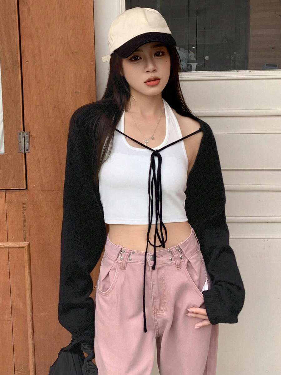 DAZY Chất rắn Tie Trước Cắt sửa áo lông cừu Không có Áo hai dây - màu đen - Xem 1