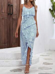 SHEIN Privé Jacquard Ruffle Trim Cami Dress - Baby Blue - View 4