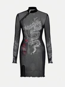 Sobokeboon 中國龍圖案木耳邊網紗洋裝 - 黑色 - 查看 1