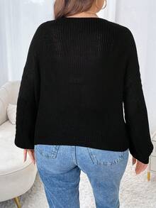 SHEIN Unity 抽繩 褶邊 羅紋針織休閒純色大碼套頭毛衣 - 黑色 - 查看 2