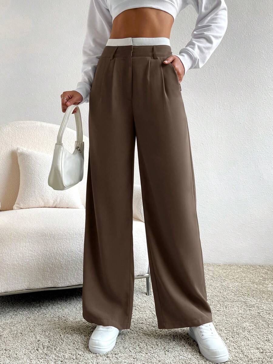 SHEIN EZwear Chi tiết nếp quần ống rộng Quần tây - Cà phê nâu - Xem 1