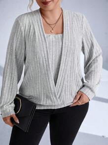 EMERY ROSE Plus Solid Rib-Knit Sweatshirt Graduation,Back To School,Graduation,Teacher For Women,Back To School Pullover Fall Winter Sweatshirt Autumn - Grey - View 6