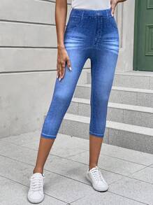 SHEIN LUNE High Waist Skinny Capri Leggings - Blue - View 6
