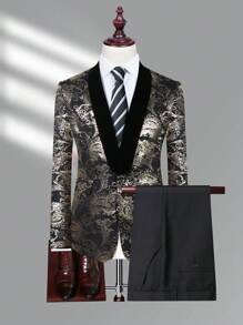 Manfinity Men 1pc Jacquard Shawl Collar Blazer & 1pc Suit Pants - Black - View 1