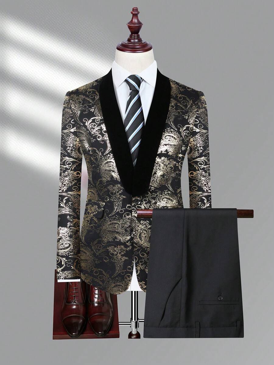 Manfinity Men 1pc Jacquard Shawl Collar Blazer & 1pc Suit Pants - Black - View 1