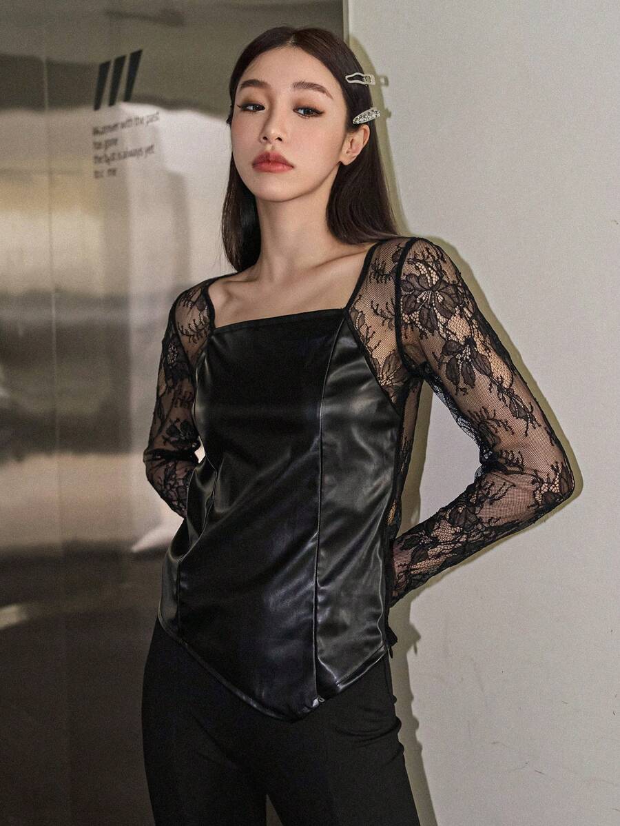 DAZY Contrast Lace Square Neck PU Leather Top Sheer Long Sleeve Women Tops - Black - View 1