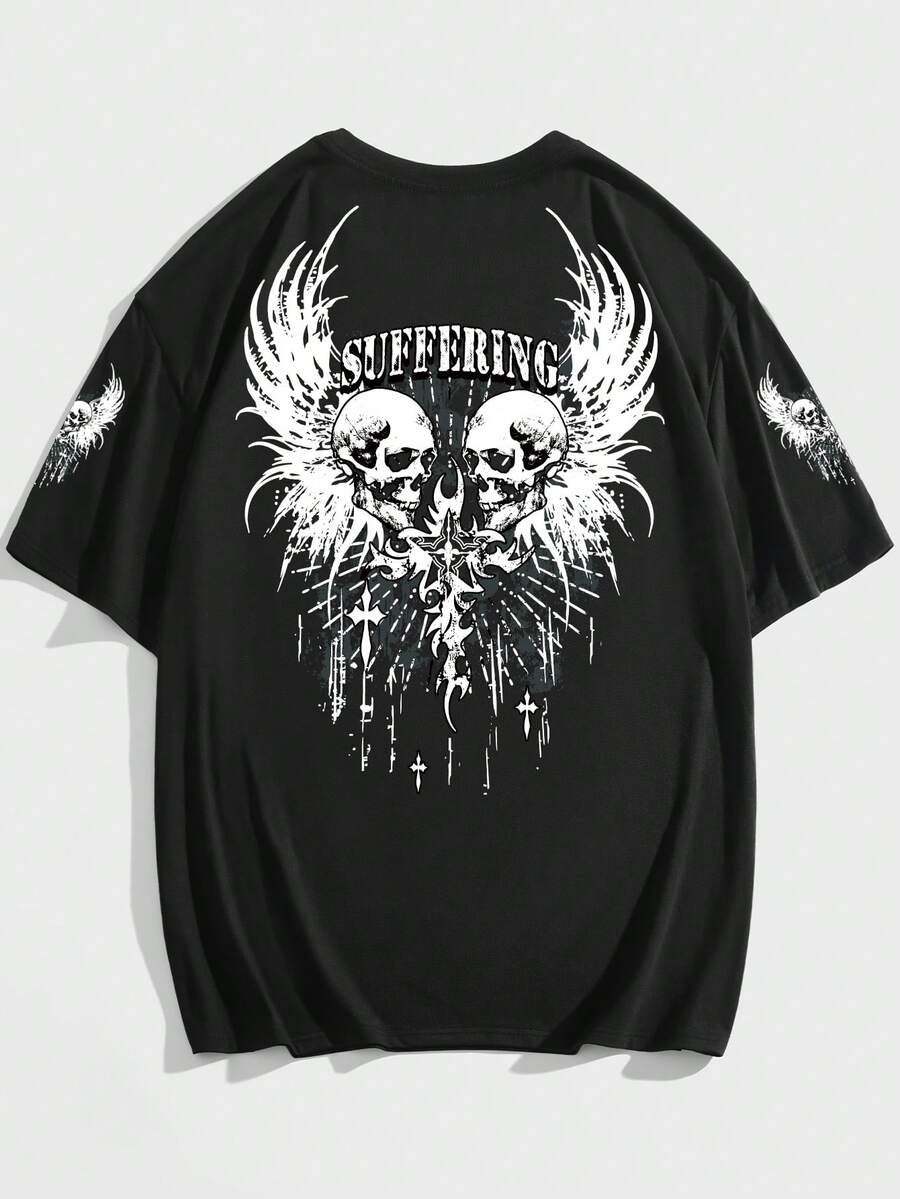 ROMWE MEN Goth Guys Skull & Letter Graphic Tee - Black - View 1