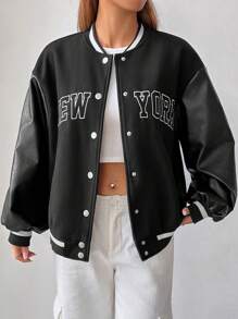 SHEIN EZwear Đồ họa Chữ cái Sọc trang trí Thả vai Áo khoác Không có Áo ba lỗ - màu đen - Xem 7