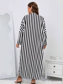 EMERY ROSE Plus Striped Print Notch Neck Dress - Black and White - View 2