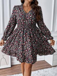 SHEIN Franclia Plus Ditsy Floral Print Flounce Sleeve Ruffle Hem Dress - Multicolor - View 1