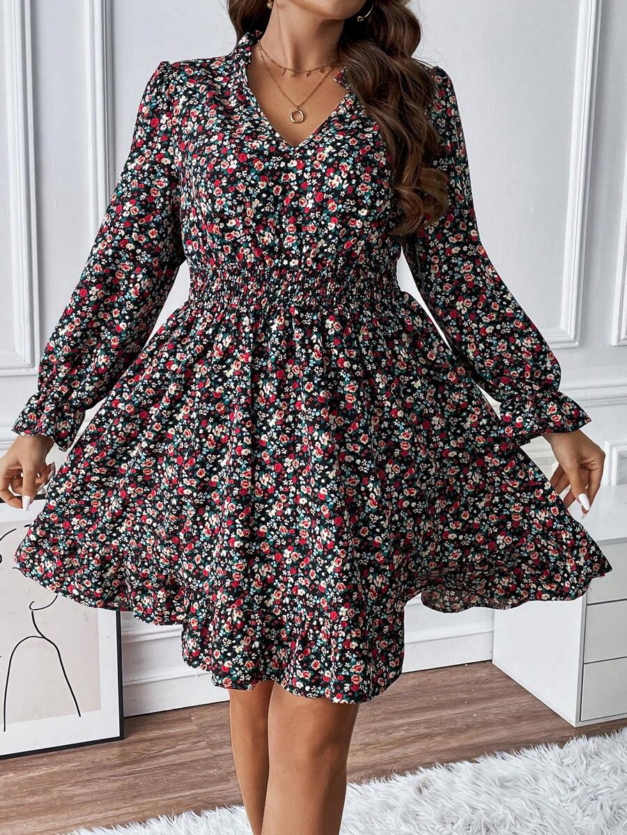 SHEIN Franclia Plus Ditsy Floral Print Flounce Sleeve Ruffle Hem Dress - Multicolor - View 1