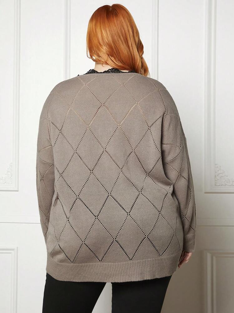 Plus Half Zip Drop Shoulder Pointelle Knit Sweater