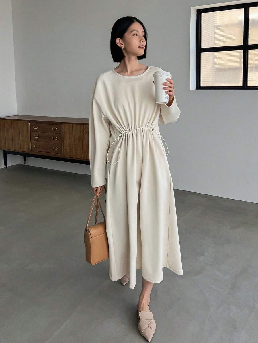 FRIFUL Vestido de línea A con hombros caídos y cordón en la cintura, vestido de otoño - Beis - Ver 1