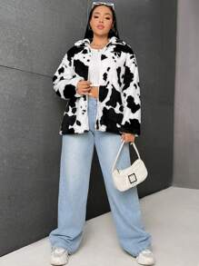 SHEIN EZwear Hơn Hình con bò Thả vai Áo Teddy Jackets - Đen và trắng - Xem 3
