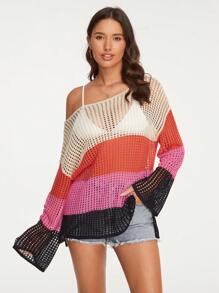 SHEIN VCAY 撞色鏤空不規則肩罩衫不附比基尼上衣 - 彩色 - 查看 1