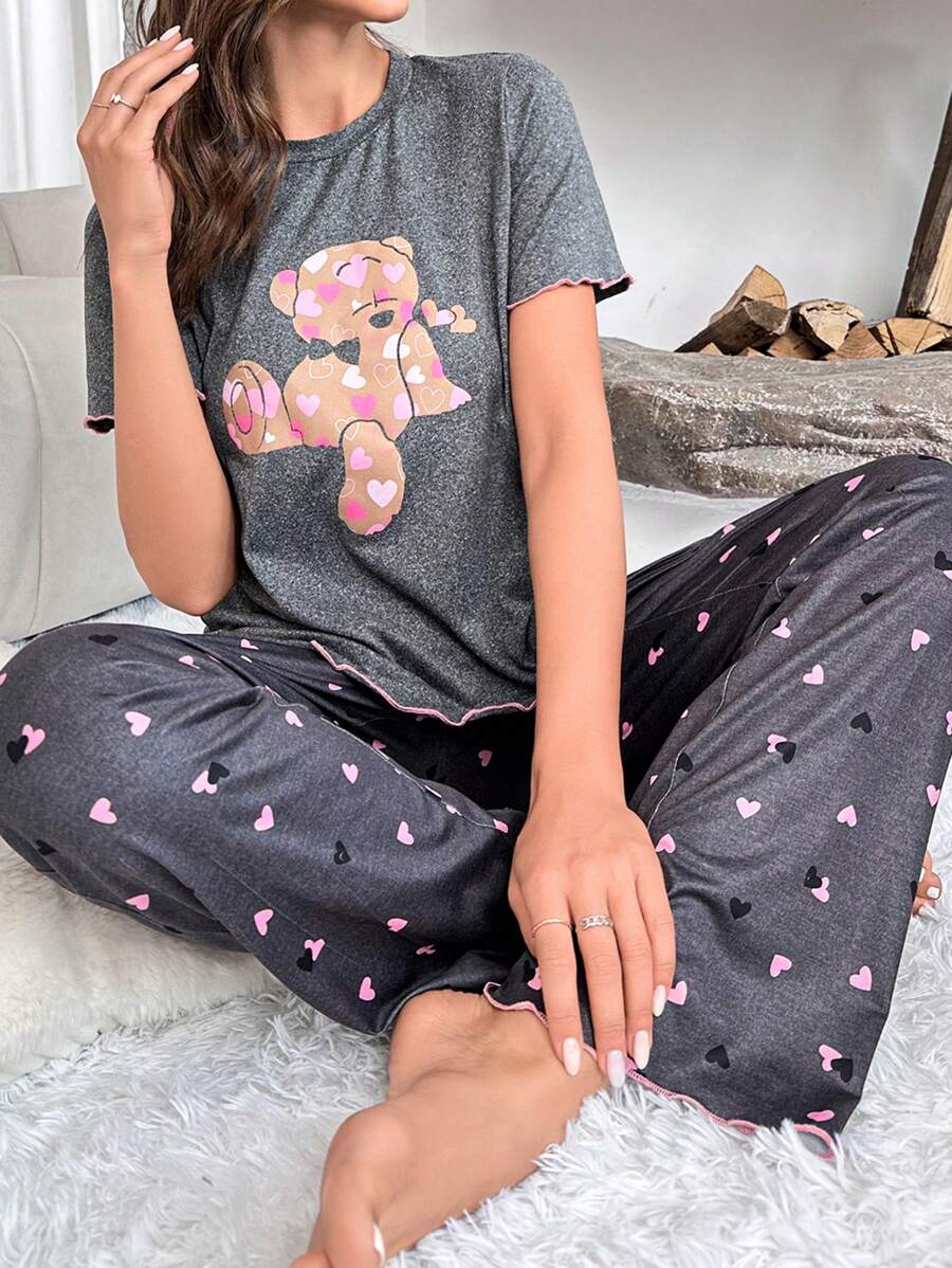 小熊印花T恤&愛心圖案長褲睡衣套裝 - 深灰色 - 查看 1