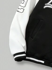 ROMWE MEN Prep Men Letter Graphic Two Tone Striped Trim Varsity Jacket - Black and White - View 6