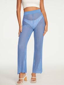 SHEIN VCAY Hollow Out Flare Leg Cover Up Pants Without Panty For Summer Beach Vacation - Blue - View 5