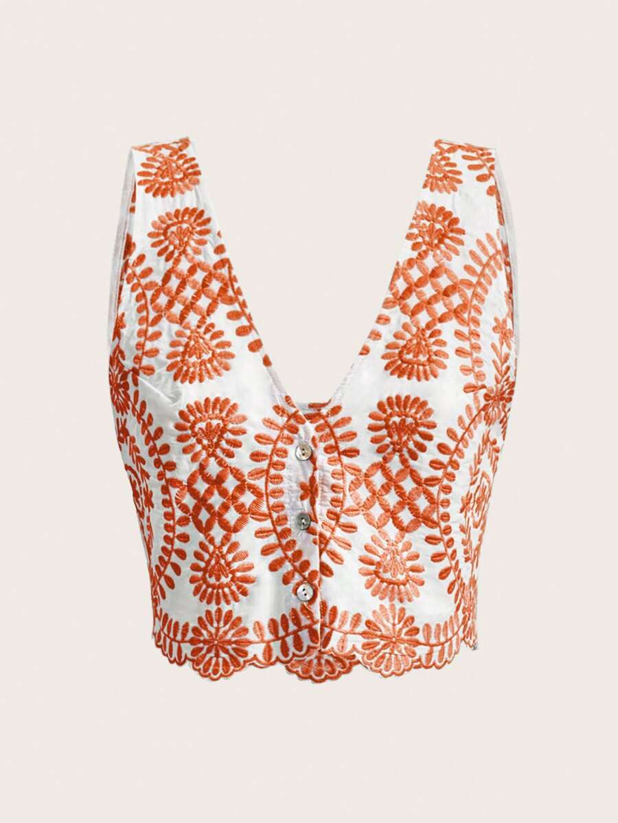 SHEIN MOD Top crop con bordado floral - Café integral - Ver 1