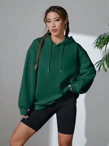 SHEIN EZwear 素色抽繩落肩袖連帽衫 - 墨綠色 - 查看 6