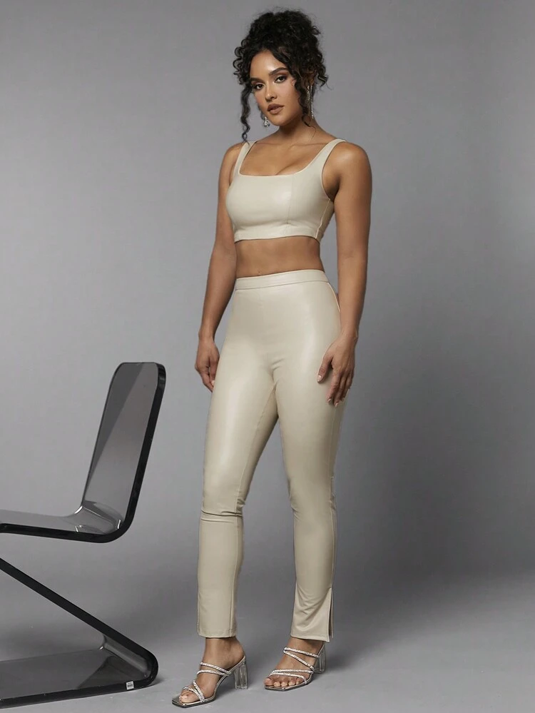 Solid PU Leather Crop Tank Top & Split Hem Pants