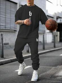 Manfinity Homme 男士字母圖案T恤&腰部抽繩衛褲 - 黑色 - 查看 1