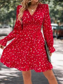 SHEIN Holidaya Ditsy Floral Print Guipure Lace Trim Flounce Sleeve Dress - Red - View 4