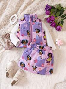 女嬰人像圖案拉鏈開襟夾克背心&半身裙 - 粉色 - 查看 1