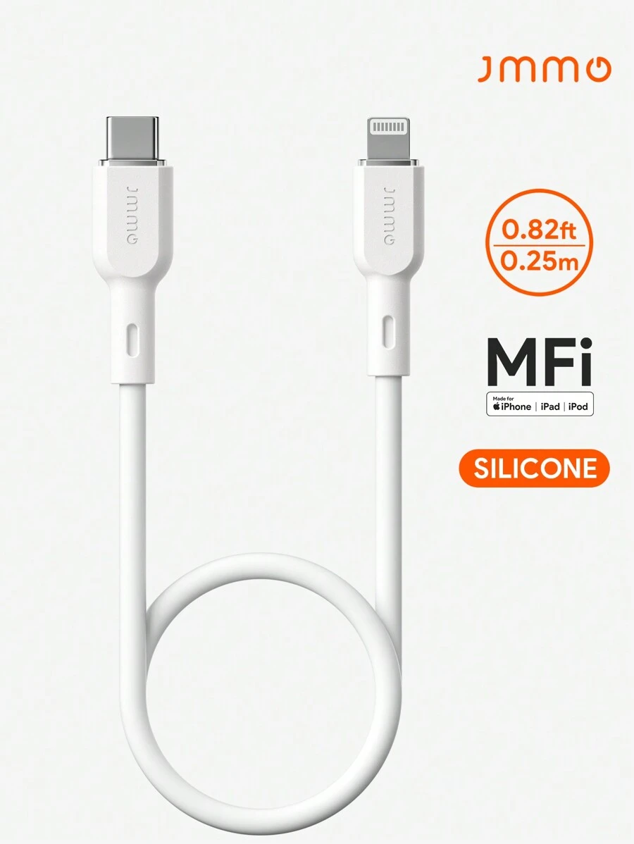 JMMO 1件 矽膠 USB-C 轉 Lightning 充電線，Type-C 充電線，0.82英尺/0.25公尺，18W [MFi 認證] - 白色 - 查看 1