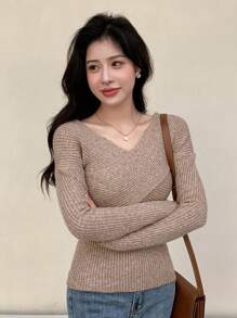DAZY Solid V Neck Ribbed Knit Sweater,Fall Clothes - Khaki - View 4