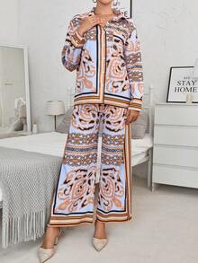 SHEIN Unity Scarf Print Shirt & Wide Leg Pants - Yellow - View 3