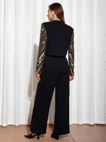 SHEIN Privé 撞色亮片西裝外套和闊腿褲 - 黑色 - 查看 6