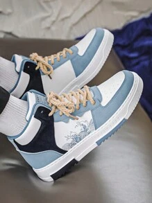 Zapatillas Deportivas Para Hombres, Zapatos Deportivos Casuales De Moda Con Cordones Delanteros En La Calle Con La Mezcla Blanco Y Azul Y De Alto Nivel - Celeste - Ver 4