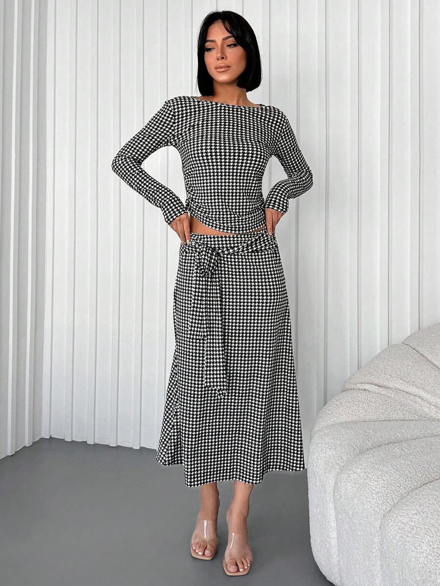 RueChic Houndstooth Print Tee & Knot Front Skirt - Black and White - View 1