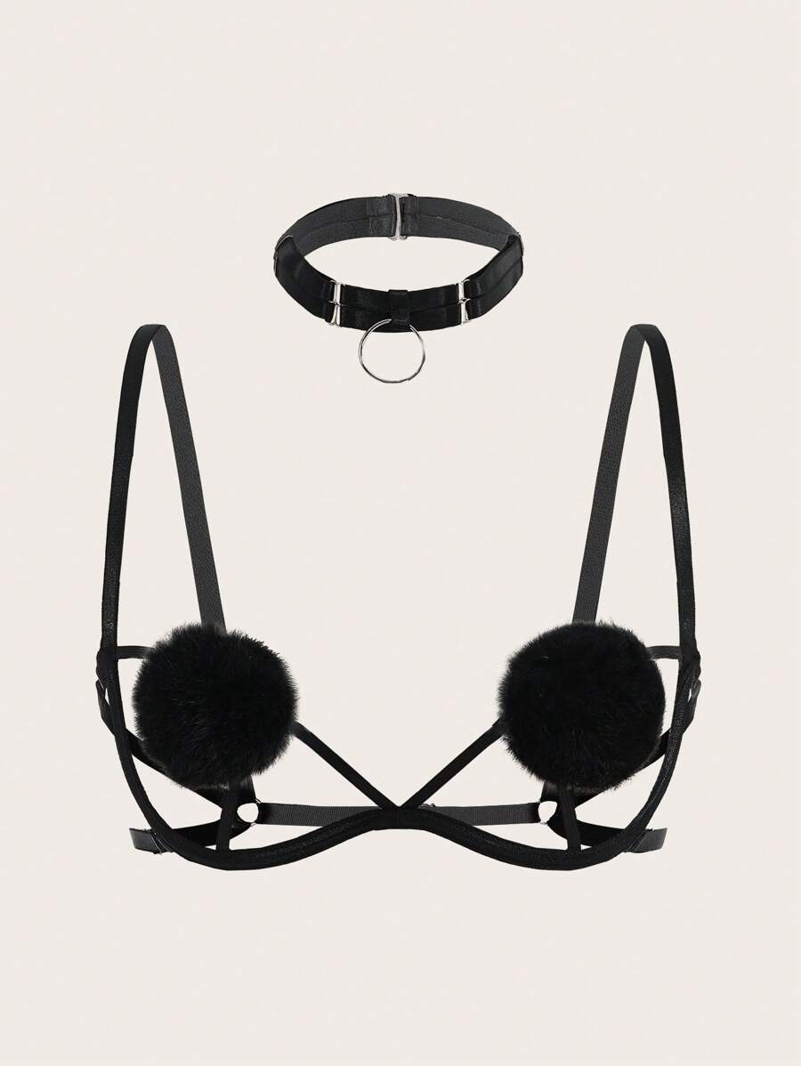 SHEIN Cut-out Pom Pom Decor Bra With Choker