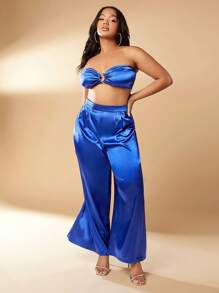 SHEIN SXY Hơn Chi tiết vòng Buộc lại Ống ngọn Và Quần Palazzo - Màu xanh lam - Xem 5