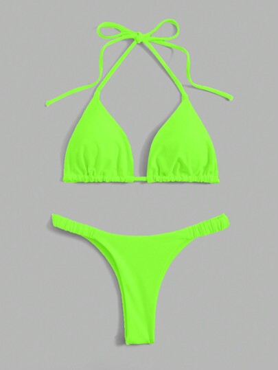 Swim Basics Summer Beach Solid Triangle Neon Halter Bikini Set Bathing Suit