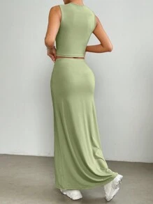 Muchica Solid Crop Tank Top & Skirt - Green - View 2