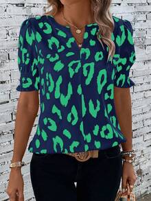 SHEIN LUNE 豹紋印花缺口領泡泡袖襯衫 - 彩色 - 查看 5