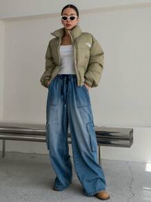 DAZY Letter Graphic Zip Up Padded Thick Pockets Coat, Women Winter Coat - Green - View 7