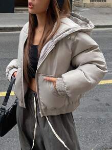 DAZY 拉链抽绳下摆连帽冬季厚口袋外套，冬季女装，棉服女式夹克 - 灰色 - 查看 6