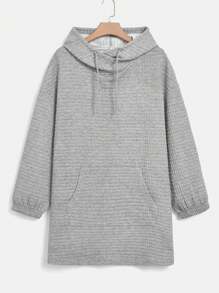 SHEIN EZwear Áo nỉ cỡ lớn có túi kangaroo, vai rớt, dây rút. - Xám - Xem 1