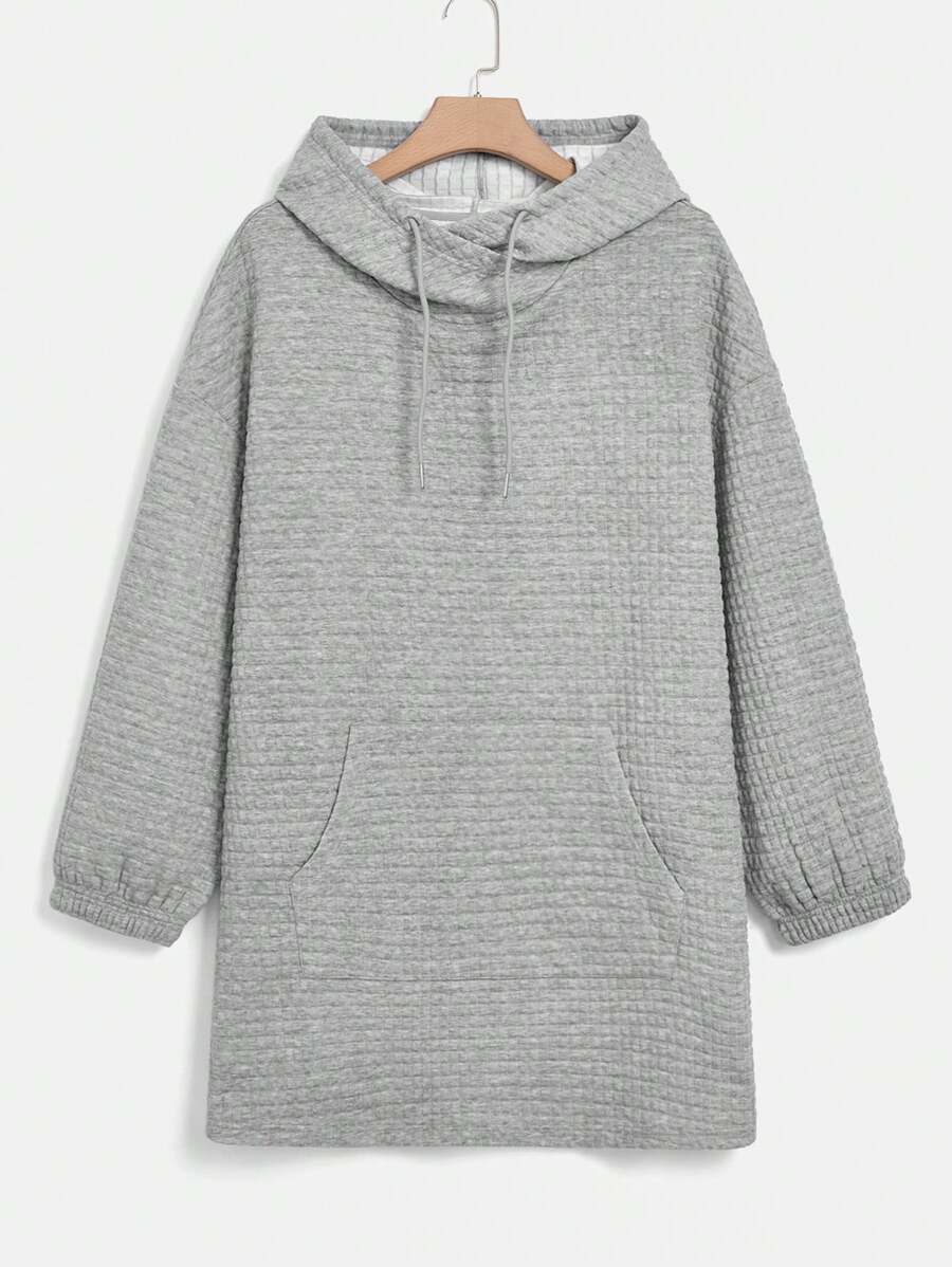 SHEIN EZwear Áo nỉ cỡ lớn có túi kangaroo, vai rớt, dây rút. - Xám - Xem 1